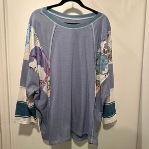 Evaless Chic Women’s Blue and White Beautiful Patchwork 2XL Top